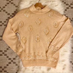 CeZanne Vintage 80’s Rose Silk Crewneck pearl sequins Sweater M